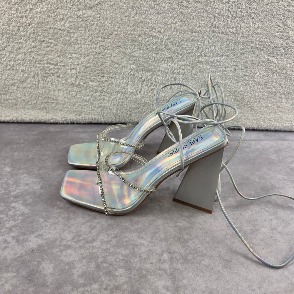 Cape Robbin Holographic Lace Up Rhinestone Block Heel Sandals Silver Iridescent